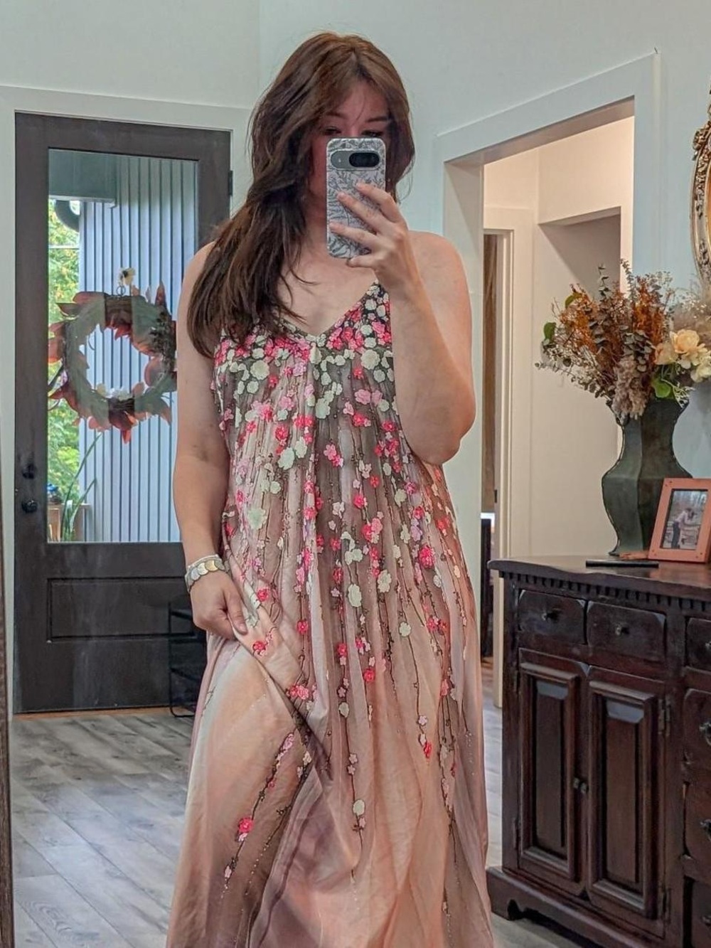 Floral Embroidered Pink Maxi Slip Dress